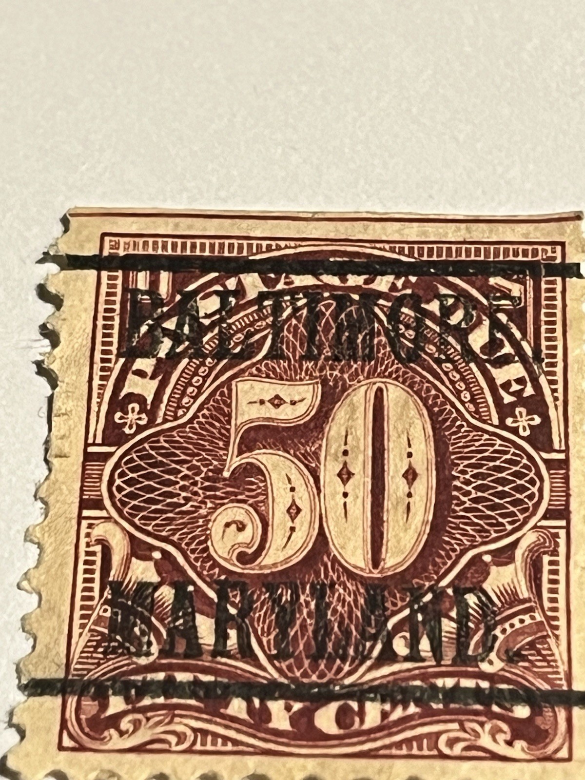 50 Cent Postage Due Stamp HINGED NO GLUE – BALTIMORE MARYLAND PRE-CANCEL