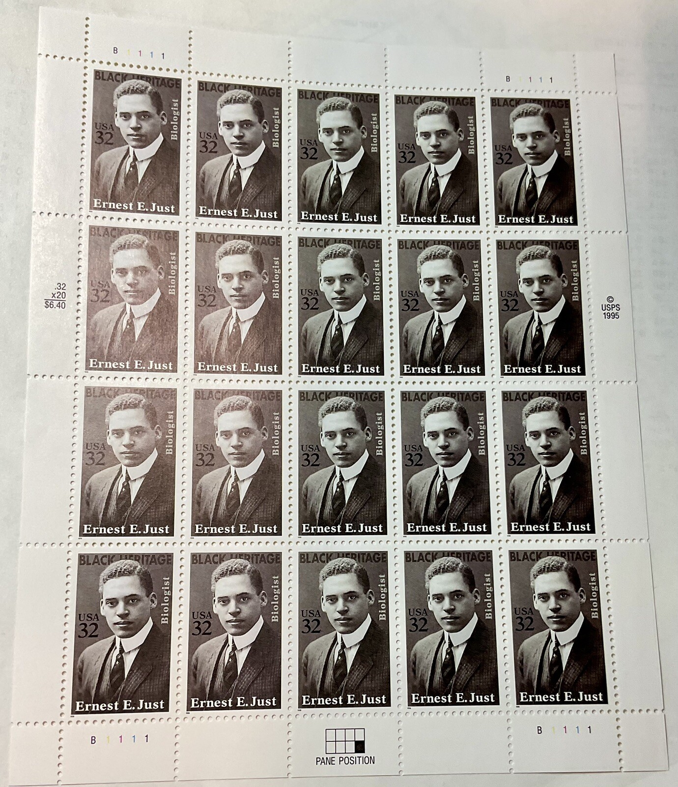 US Postage stamps Ernest E. Just Black Heritage 32c 20 stamps MNH