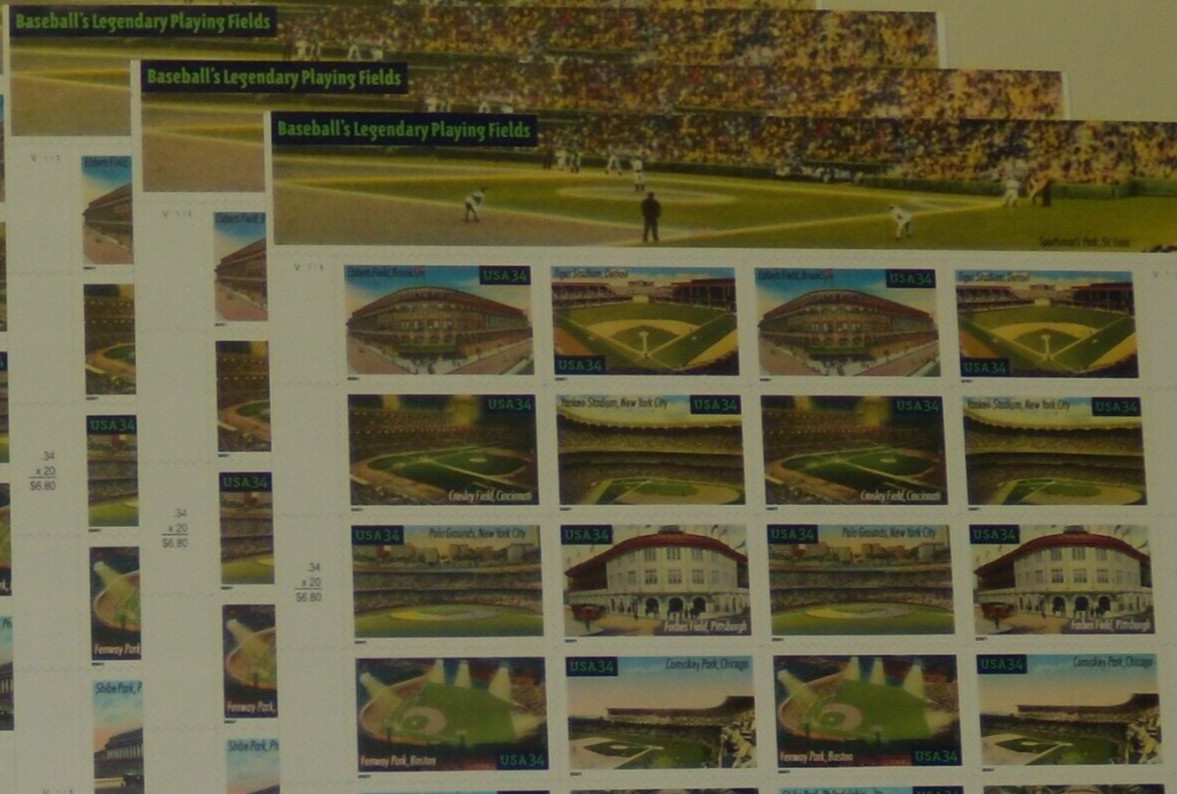 Four x 20 = 80 BASEBALL’S LEGENDARY PLAYING FIELDS 34¢ US Stamps USA # 3510-3519