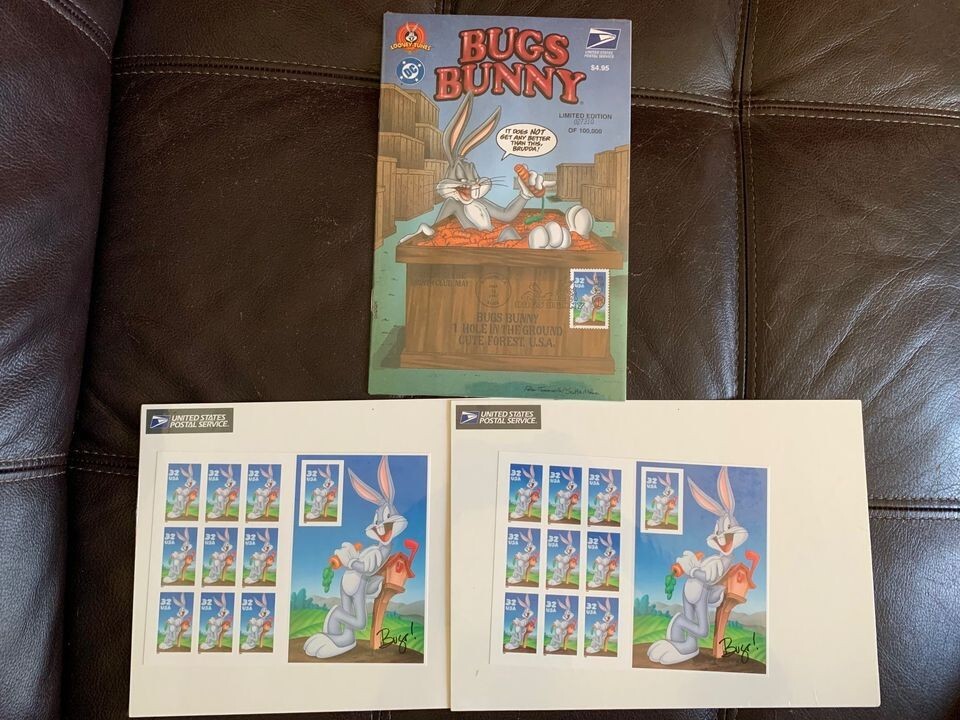 1997 sealed sheet of $0.32 Bugs Bunny stamps and DC Comic book stamp