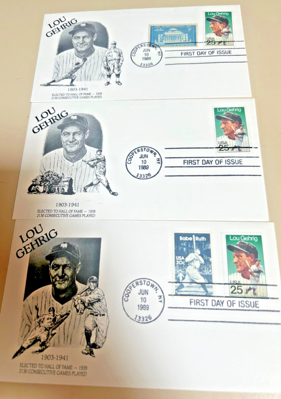 6 LOU GEHRIG Limited Edition June 10, 1989, First Day Covers COOPERSTOWN NY