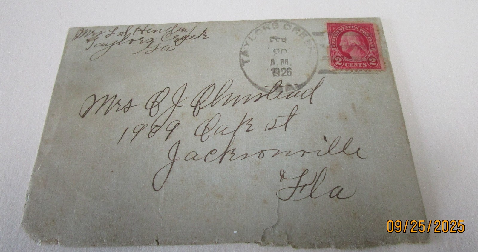 WASHINGTON 2 CENT STAMP ENVELOPE POSTMARKED 1926 FEB 20 STAMP EPHEMERA