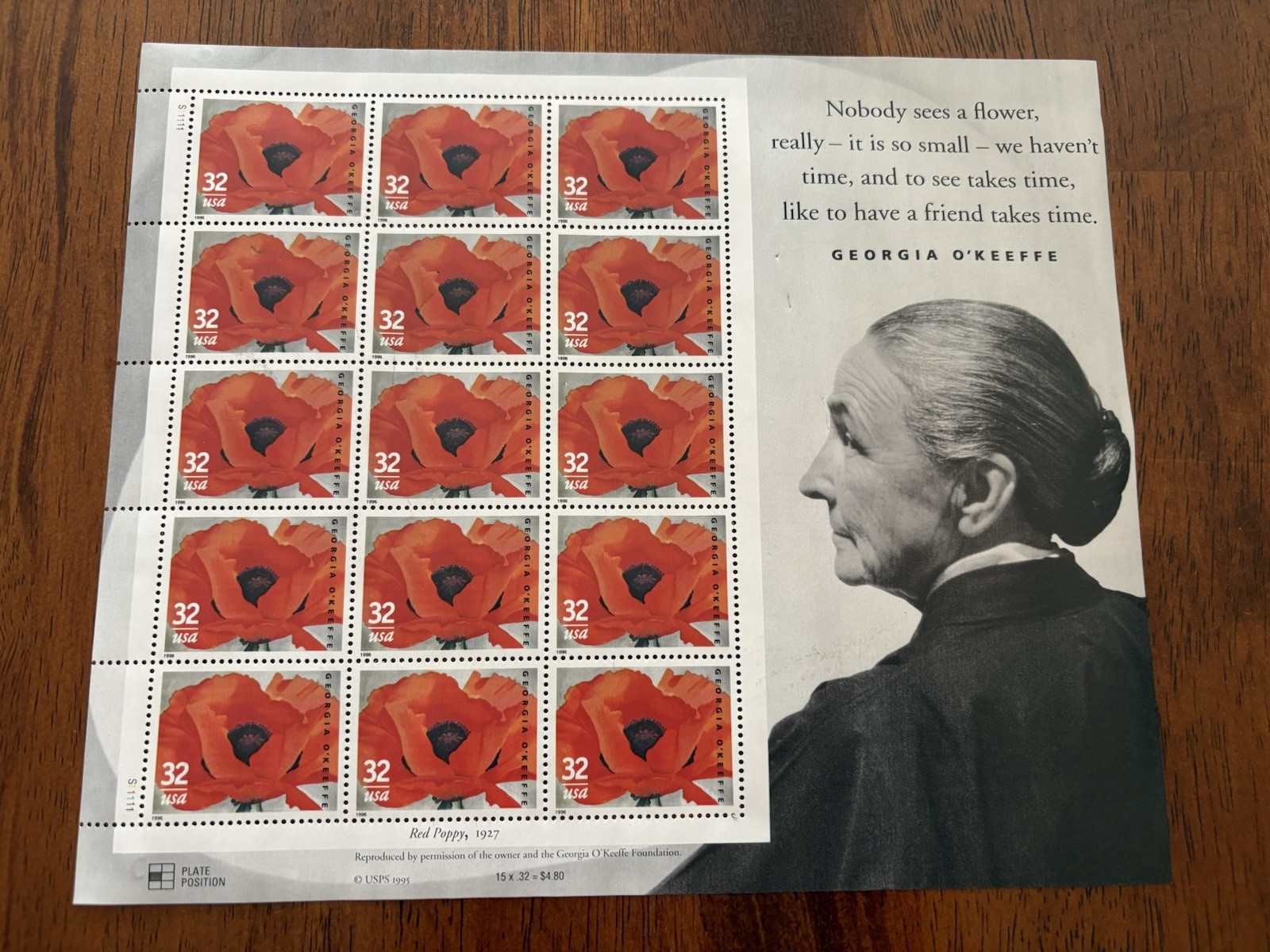 1996 USA Georgia O’Keeffe Red Poppy 32¢ Stamp Sheet of 15 MNH $4.80