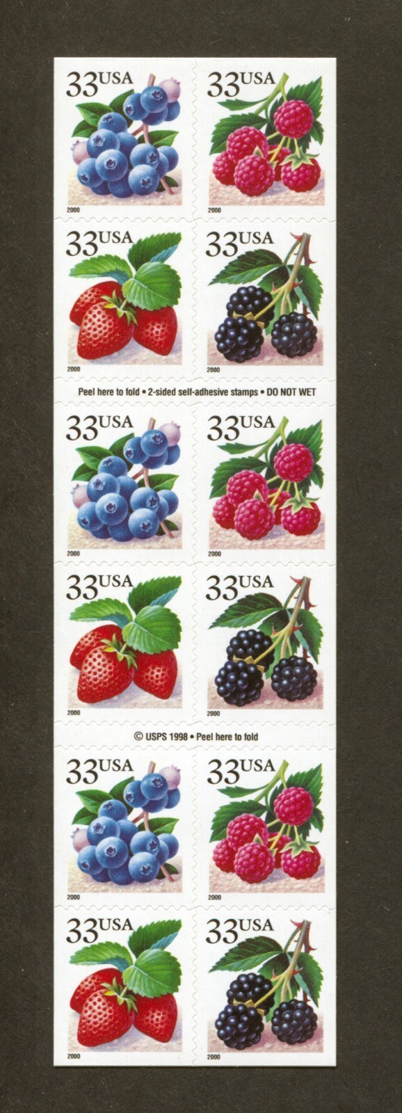 U.S. Scott# 3297d, 1999 Berries Issue, Booklet Pane of 20, 2022 SCV: $25.00