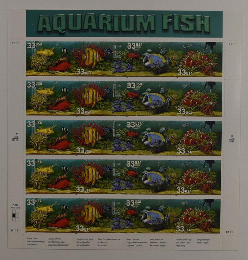 US SCOTT 3317 – 3320 SHEET OF 20 AQUARIUM FISH STAMPS 33 CENT FACE MNH