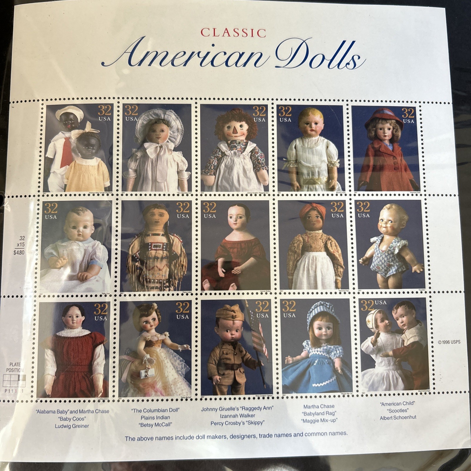 USPS CLASSIC AMERICAN DOLLS 32 CENTS STAMPS 1996 MULTI-COLOR NEW ORIGINAL PAC