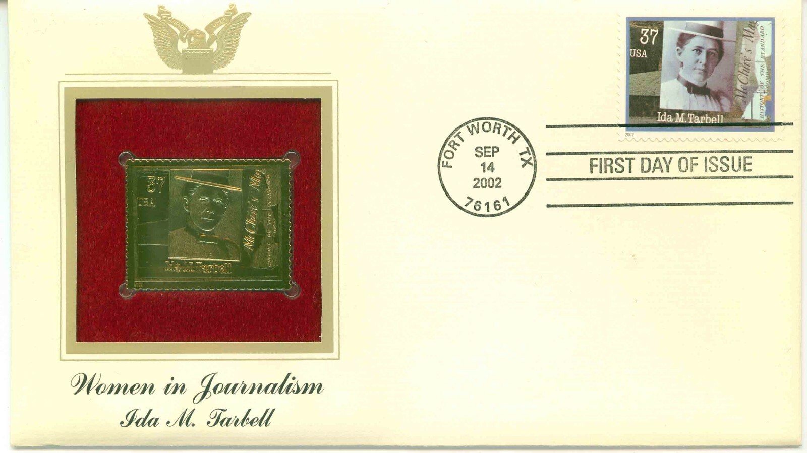 First Day Of Issue Sep 14 02 Fort Worth TX 22kt Gold Replica Ida M. Tarbell