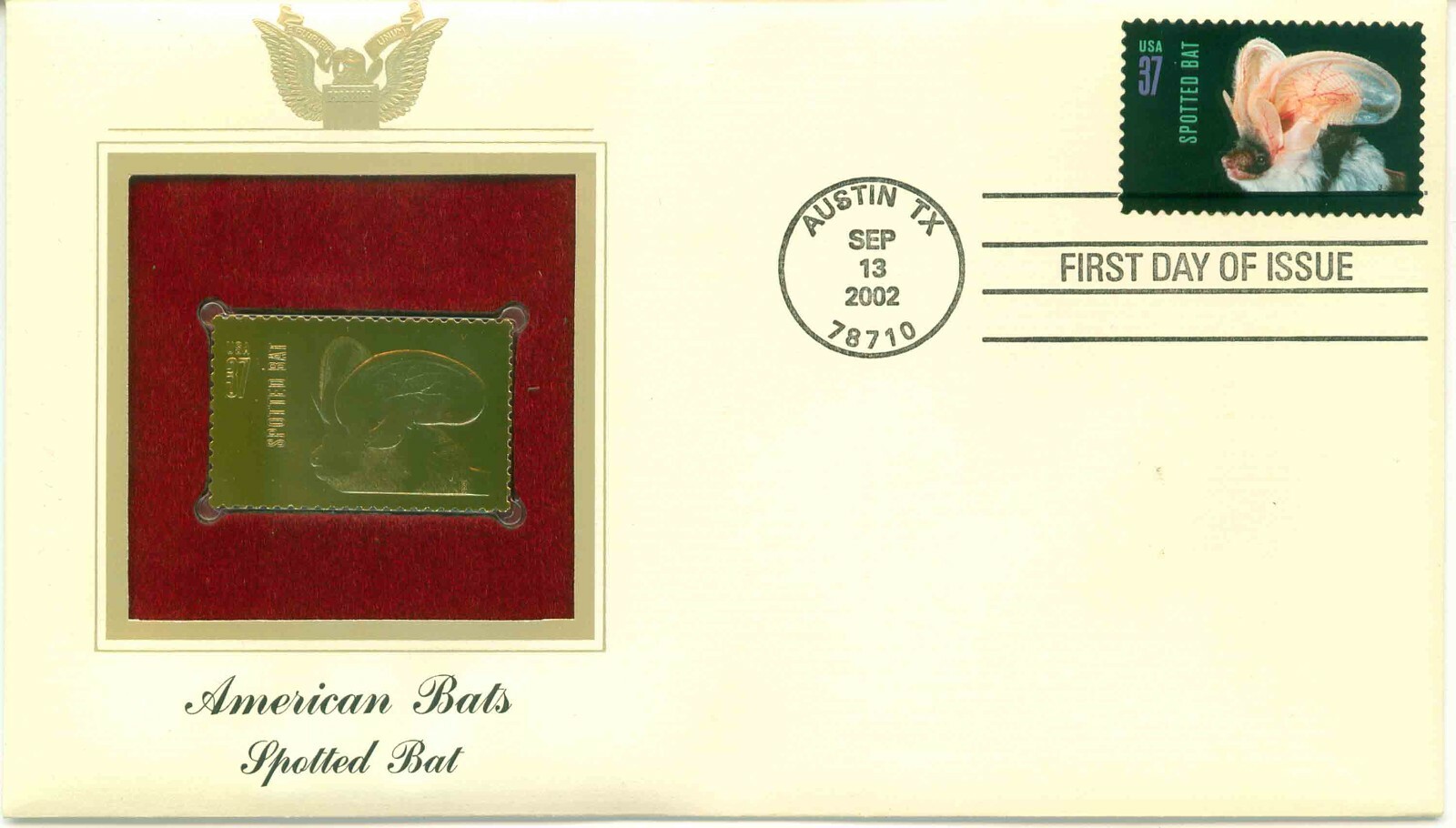 First Day Of Issue Sep 13 2002 Austin TX 22kt Gold Replica Spotted Bat