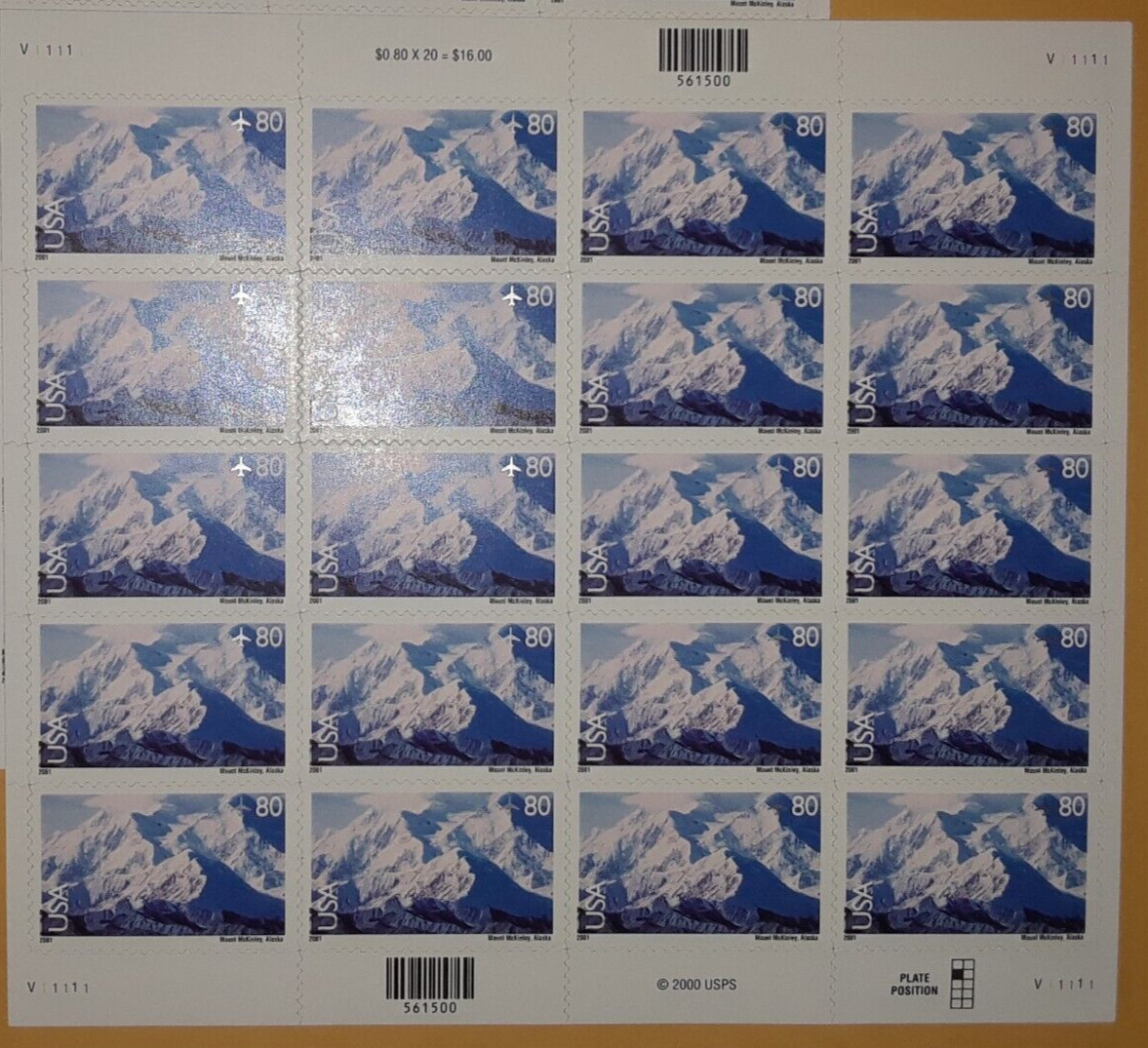 One Full Sheet x 20 of 80¢ Mount MT McKINLEY (Denali) US Stamps. USA Sc # C137