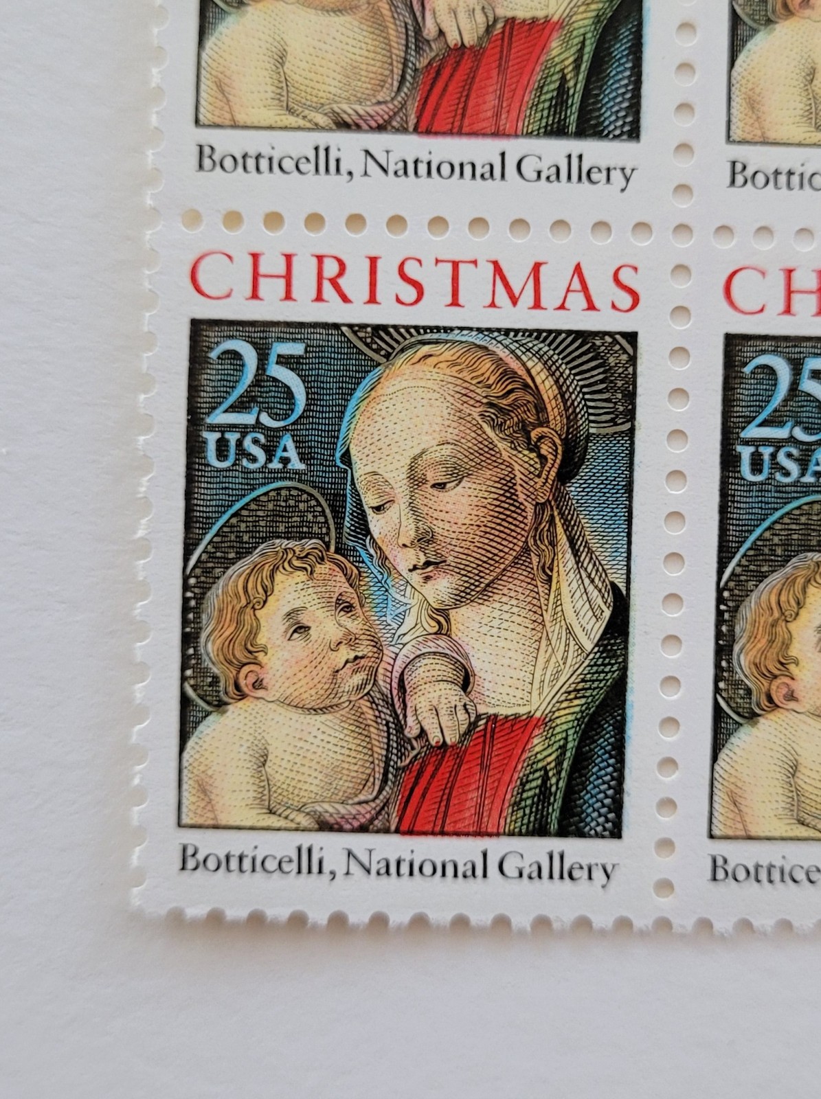 Botticelli Christmas Madonna US Postal Stamps 25c Block of 4 Scott #2399 MNH OG