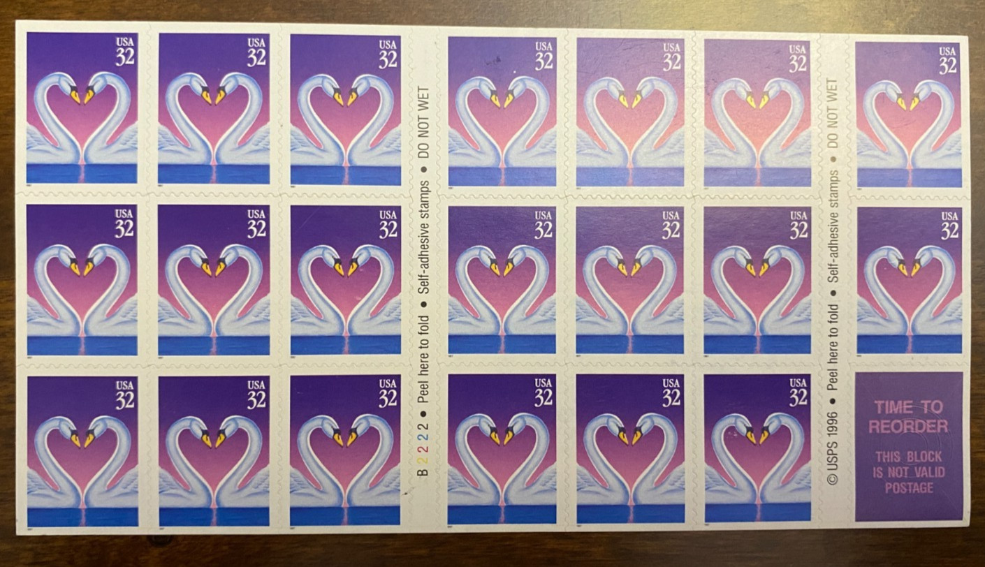 US 1997 SCOTT #3123 32c Love Swans – Pane of 20 MNH