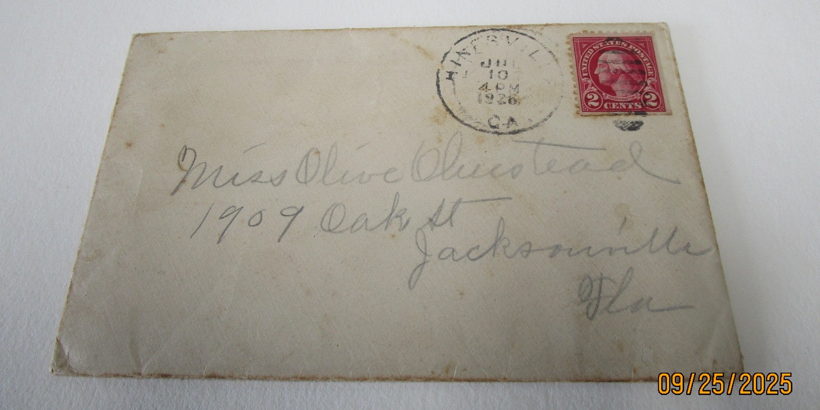 WASHINGTON 2 CENT STAMP ENVELOPE POSTMARKED 1926 JULY 10 STAMP EPHEMERA