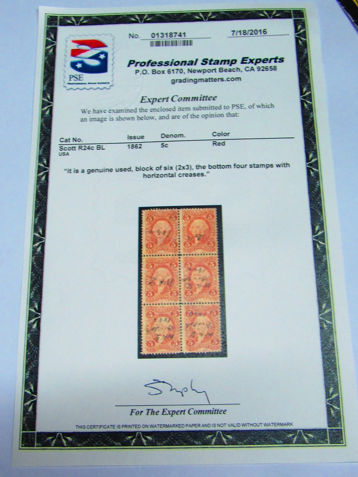 GREAT PSE Certified Stamp! 1862 U.S. POSTAGE 5¢ Block of 6 Stamps STP-112-IB