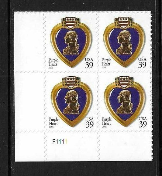 USA SC # 4032 Purple Heart , BLK4 Plate number . MNH