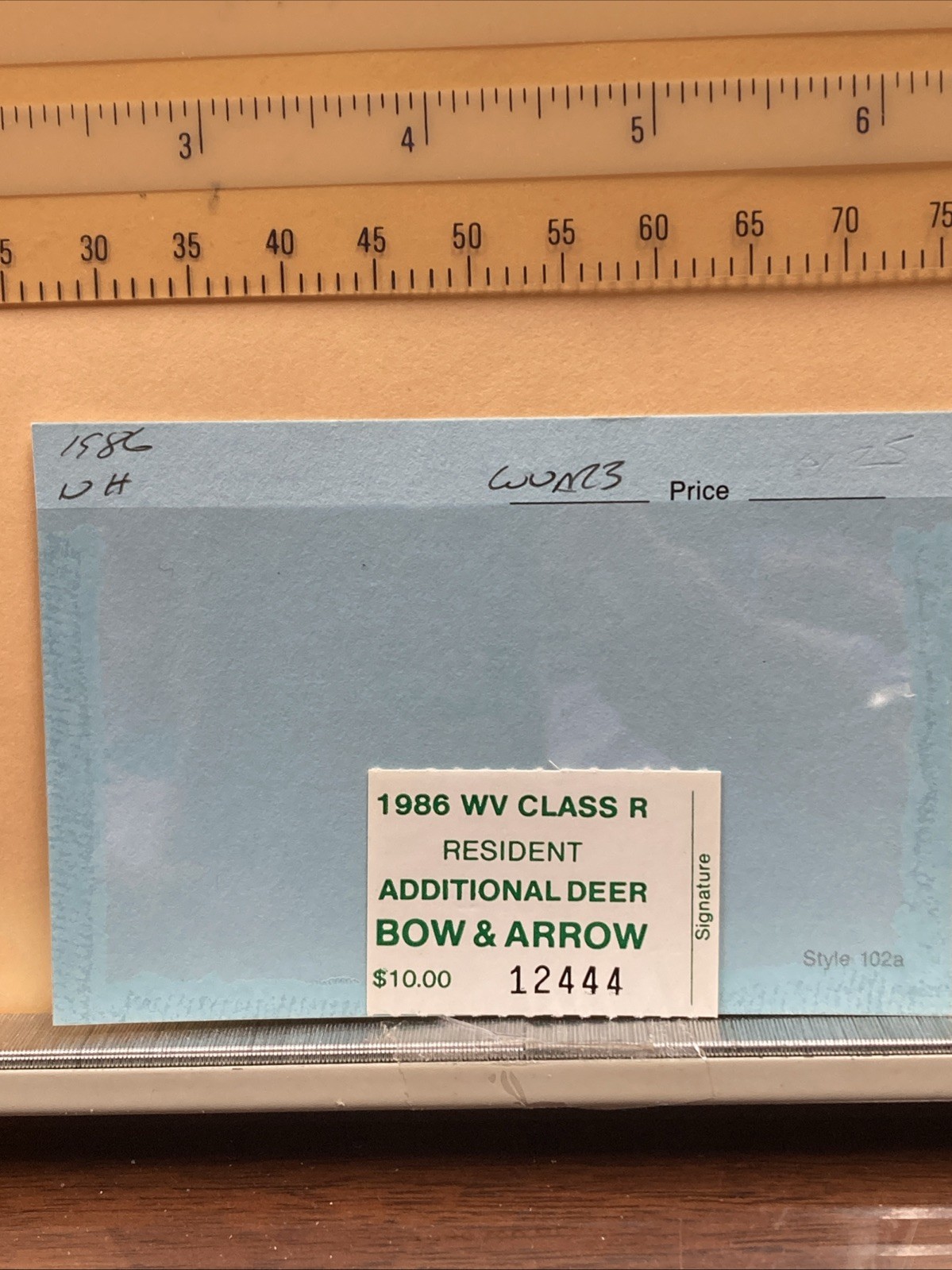 1986 WV Class R Additional Deer Bow Arrow License #12444 $10 green print unsignd