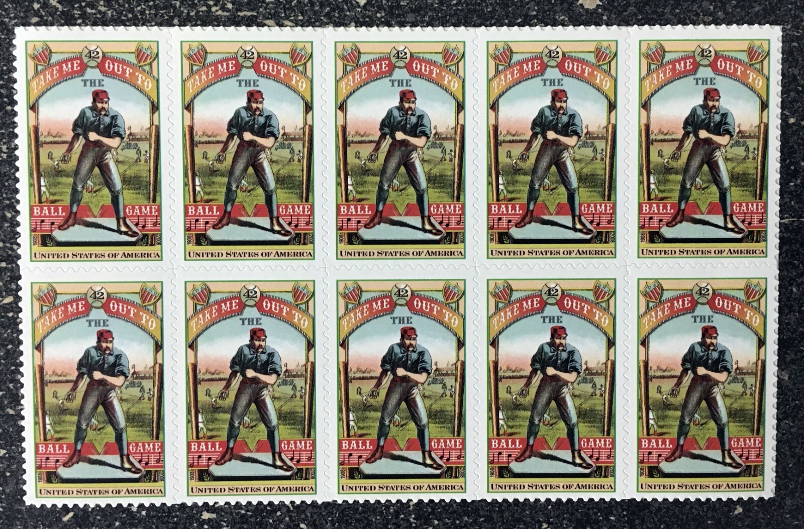 2008USA #4341 42c Baseball Take Me Out to the Ballgame – Block of 10 From Sheet
