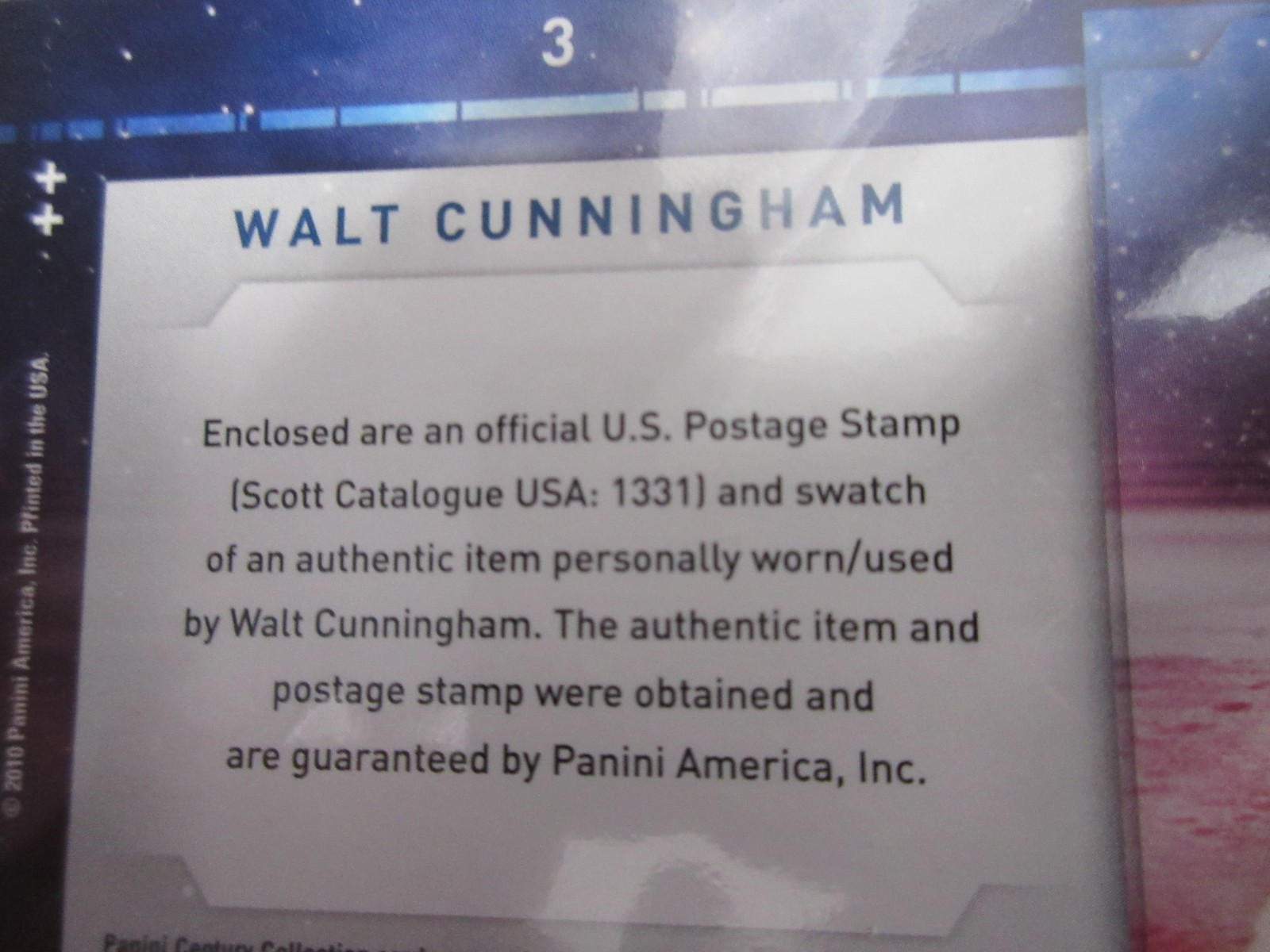 WALT CUNNINGHAM APOLLO 9 2010 PANINI 85c STAMP & WORN RELIC SWATCH CARD, 55/250