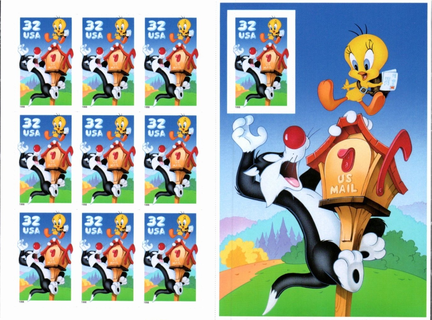 Scott#: 3204 Sylvester & Tweety Bird Pane of 10×32¢ 1998 Stamps – Lot 14
