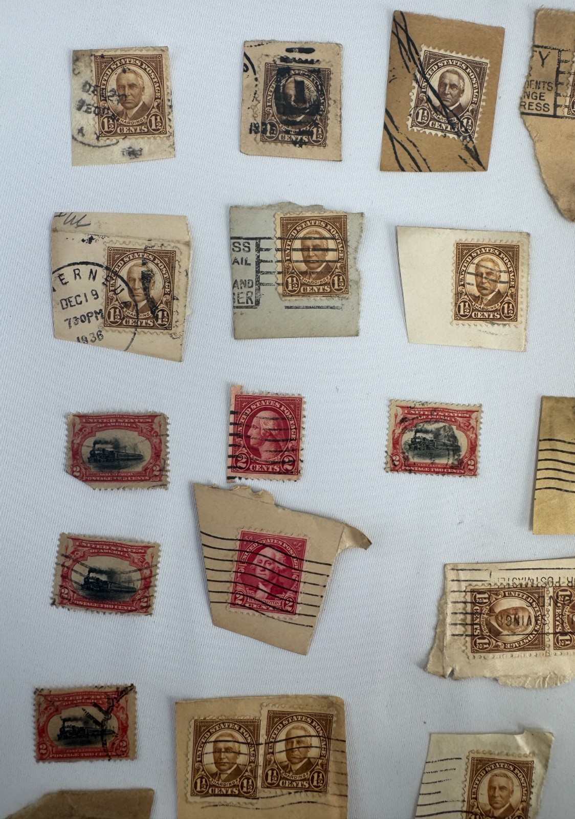 Vintage U.S. Postage Stamp Kiloware Lot on Paper Harding 1 half, Washington 2c