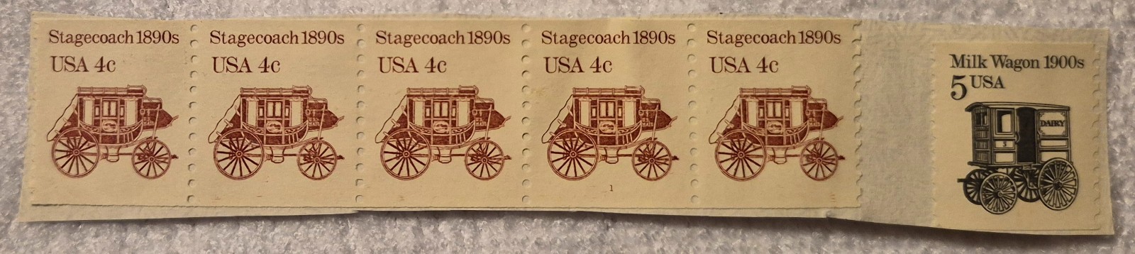 Four (4) Stagecoach 1890s 4 cent stamps & one (1) Milk Wagon 1900s 5 cent stamp