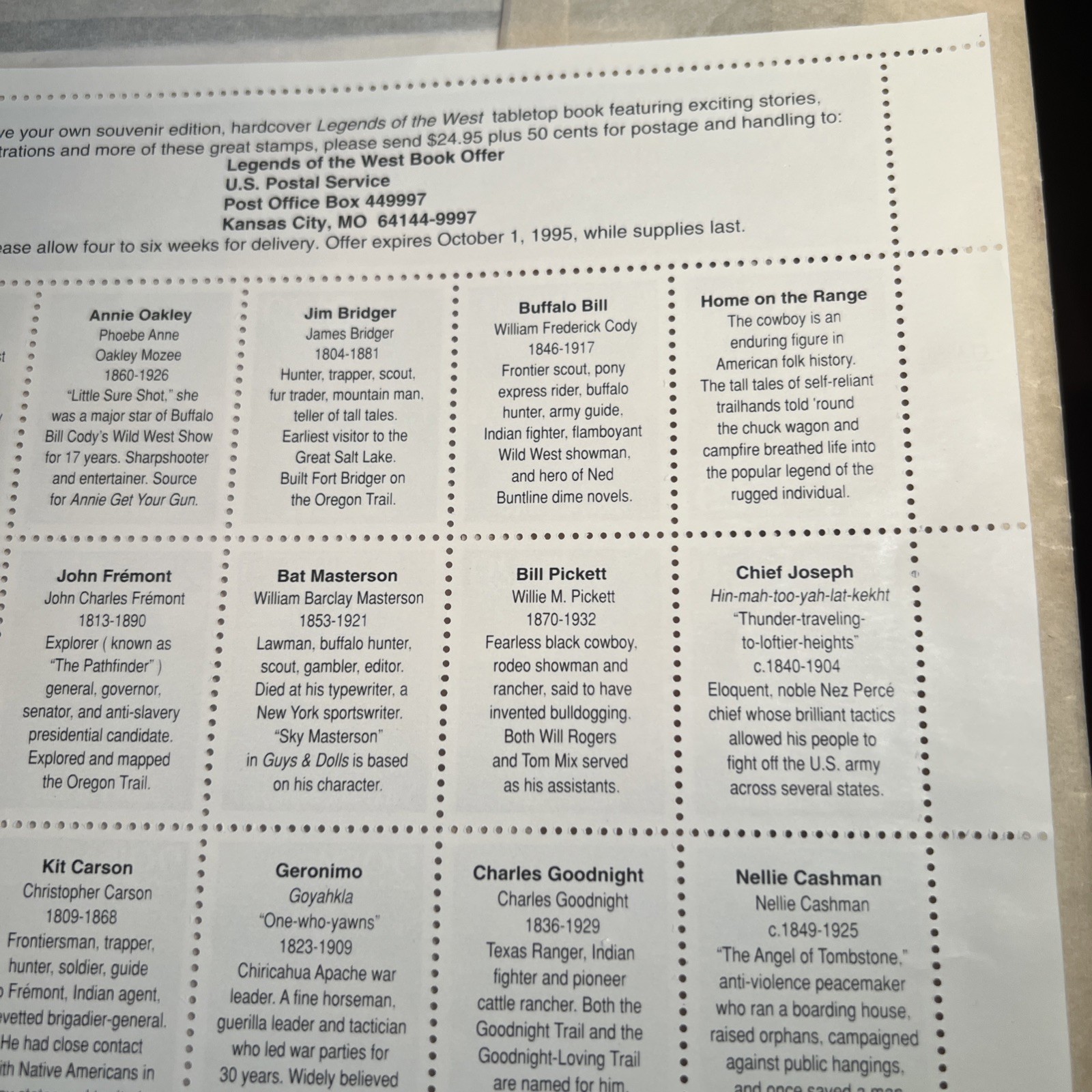 1993 Legends Of The West Stamp Sheet The Real Bill Pickett USPS Full Pane