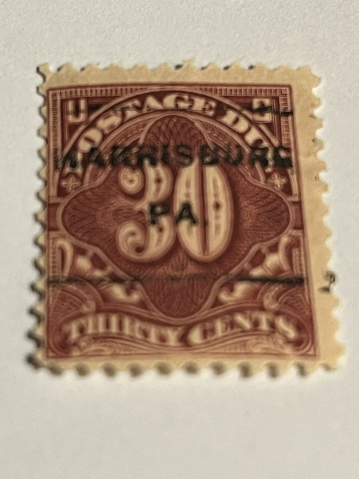 30 Cent Postage Due Stamp HINGED NO GLUE – HARRISBURG PA. PRE-CANCEL