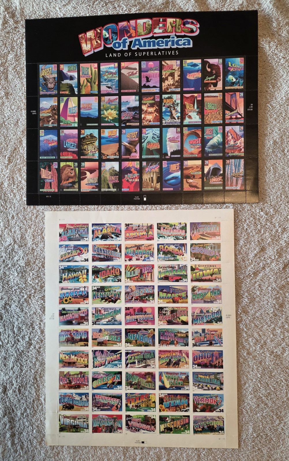 Lot – 2 USPS Stamps Sheets: WONDERS OF AMERICA 39¢ & GREETINGS FROM AMERICA 34¢