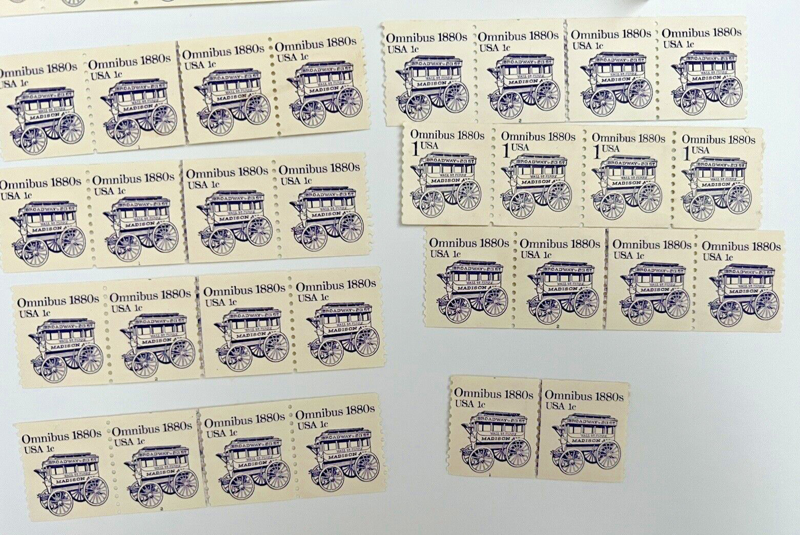 #2225 – 1880 Omnibus 1¢ Bundle 125 Stamps (Rare Coil 50) Transportation Series