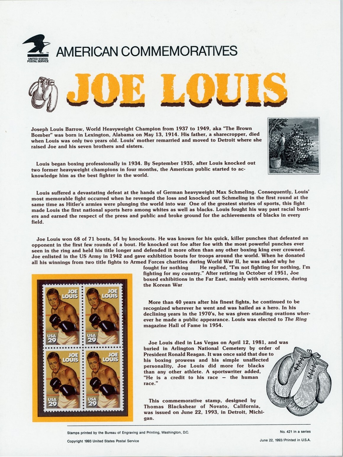 USPS – American Commemorative Panel 1993 – #CP421 – Joe Louis #2766 – Mint