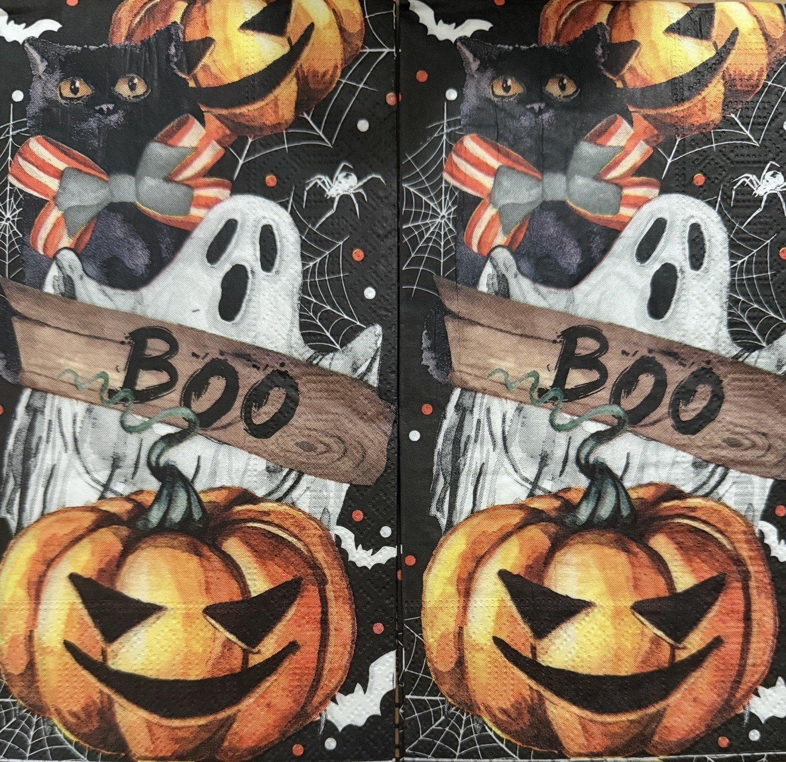 Two Individual dinner Decoupage Napkins/Halloween/Ghosts/pumpkins/web/orange/BOO