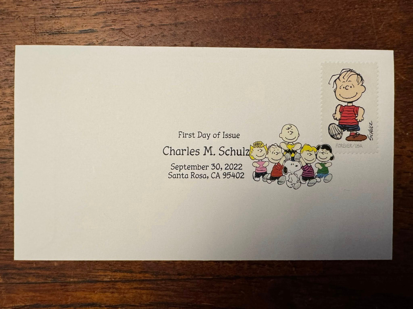 Charles M. Schulz Linus Peanuts postage USA stamp first day cover 9/30/2022