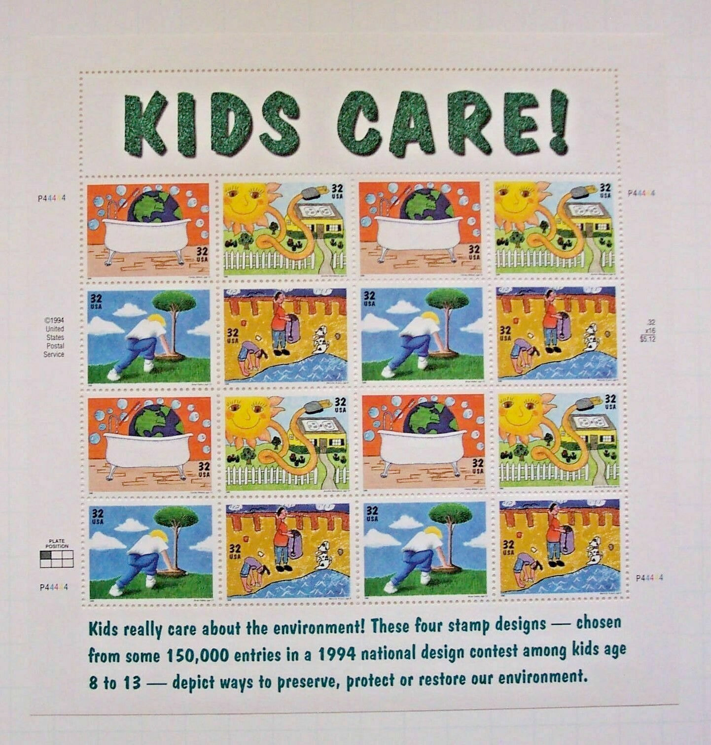 Five Sheets x 16 = 80 Of EARTH DAY KIDS CARE! 32¢ US Stamps. USA Sc # 2951-2954