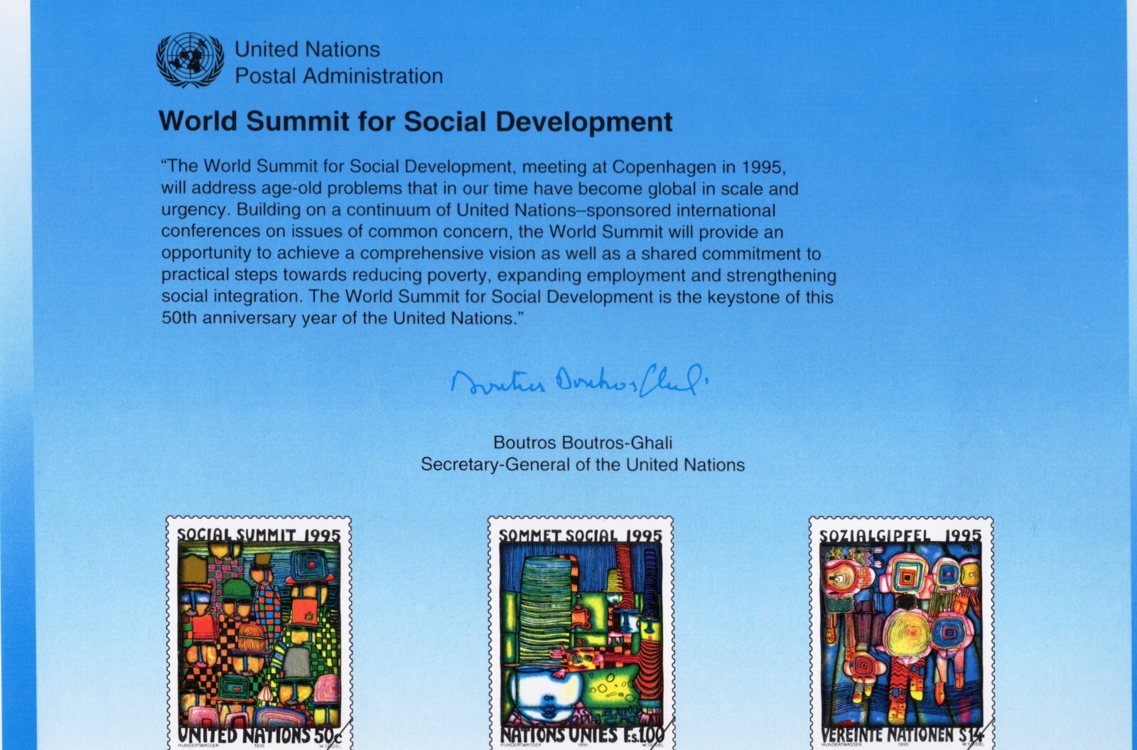 Printed Stamps Postcard World Summit Social Development United Nations 1995 NEW