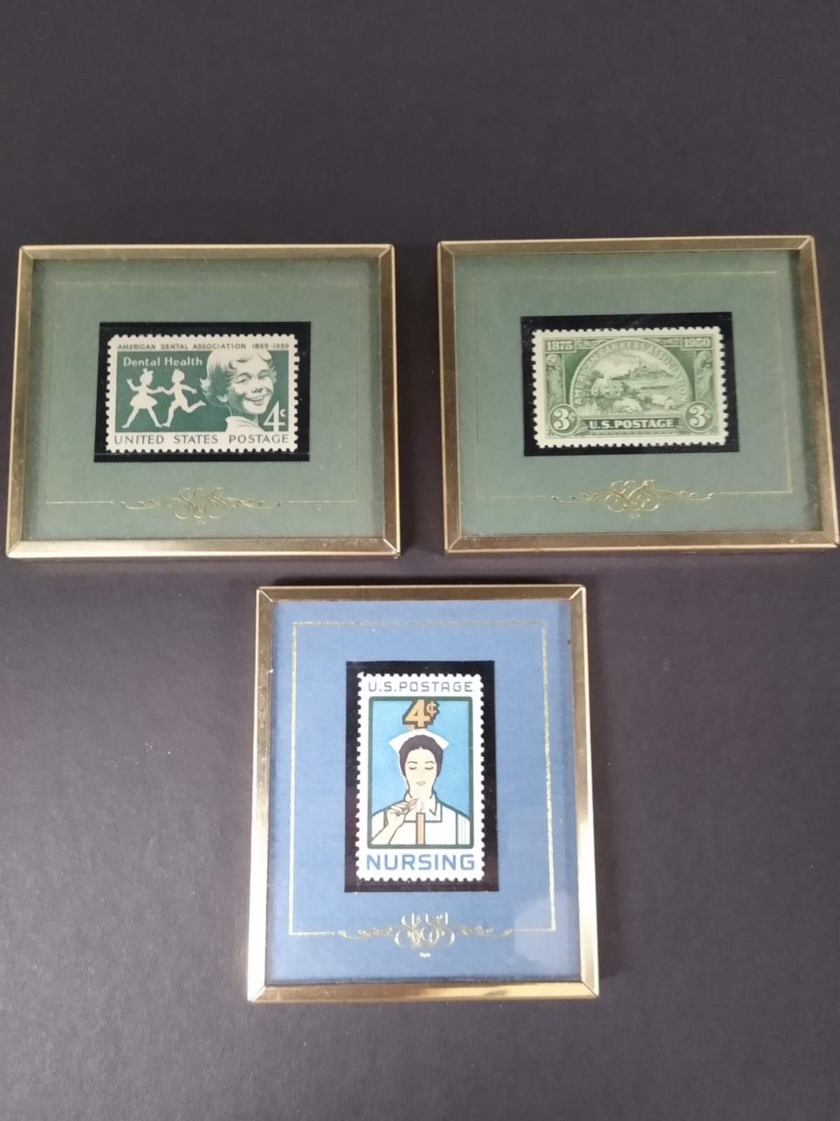 3 Vtg Stamps & Stories Framed Commeratives- Dental Assn, Nurse, Bankers