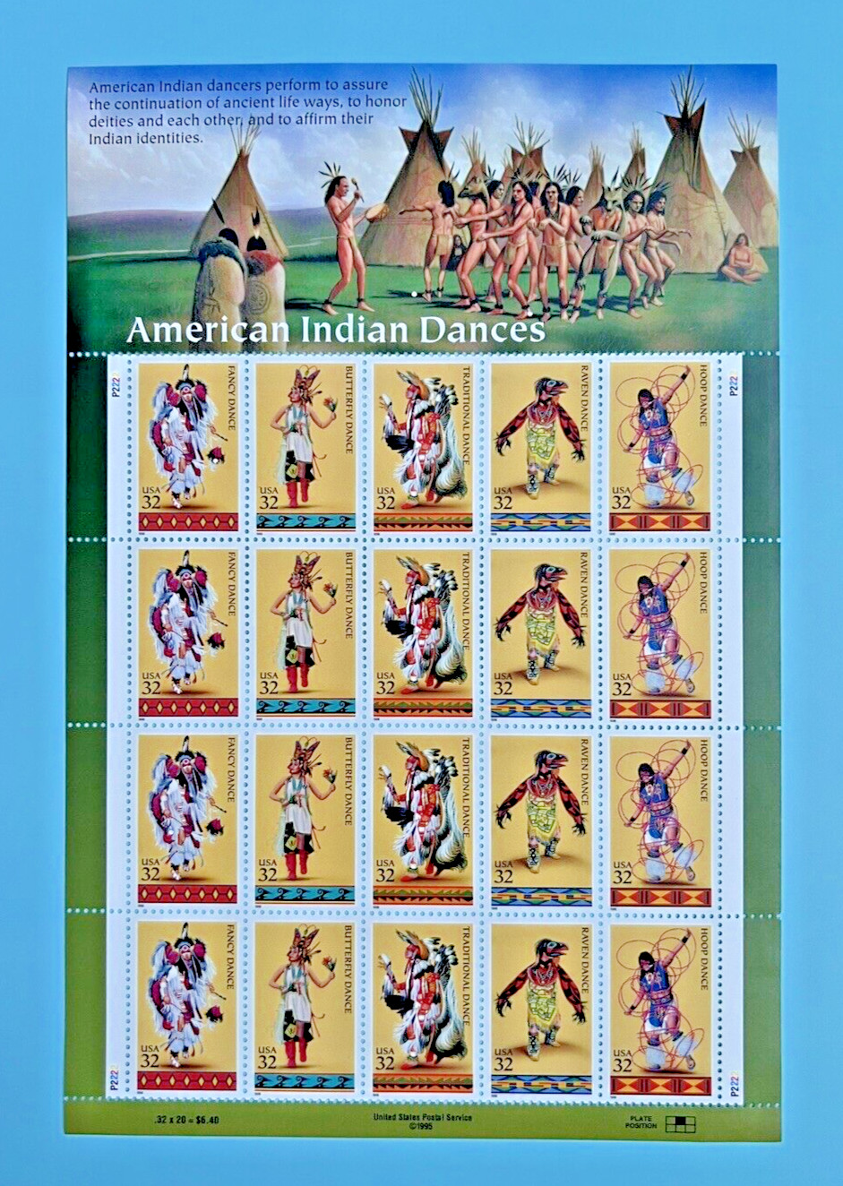 Six x 20 = 120 of AMERICAN INDIAN DANCES 32¢ US USA Postage Stamps. Sc 3072-3076