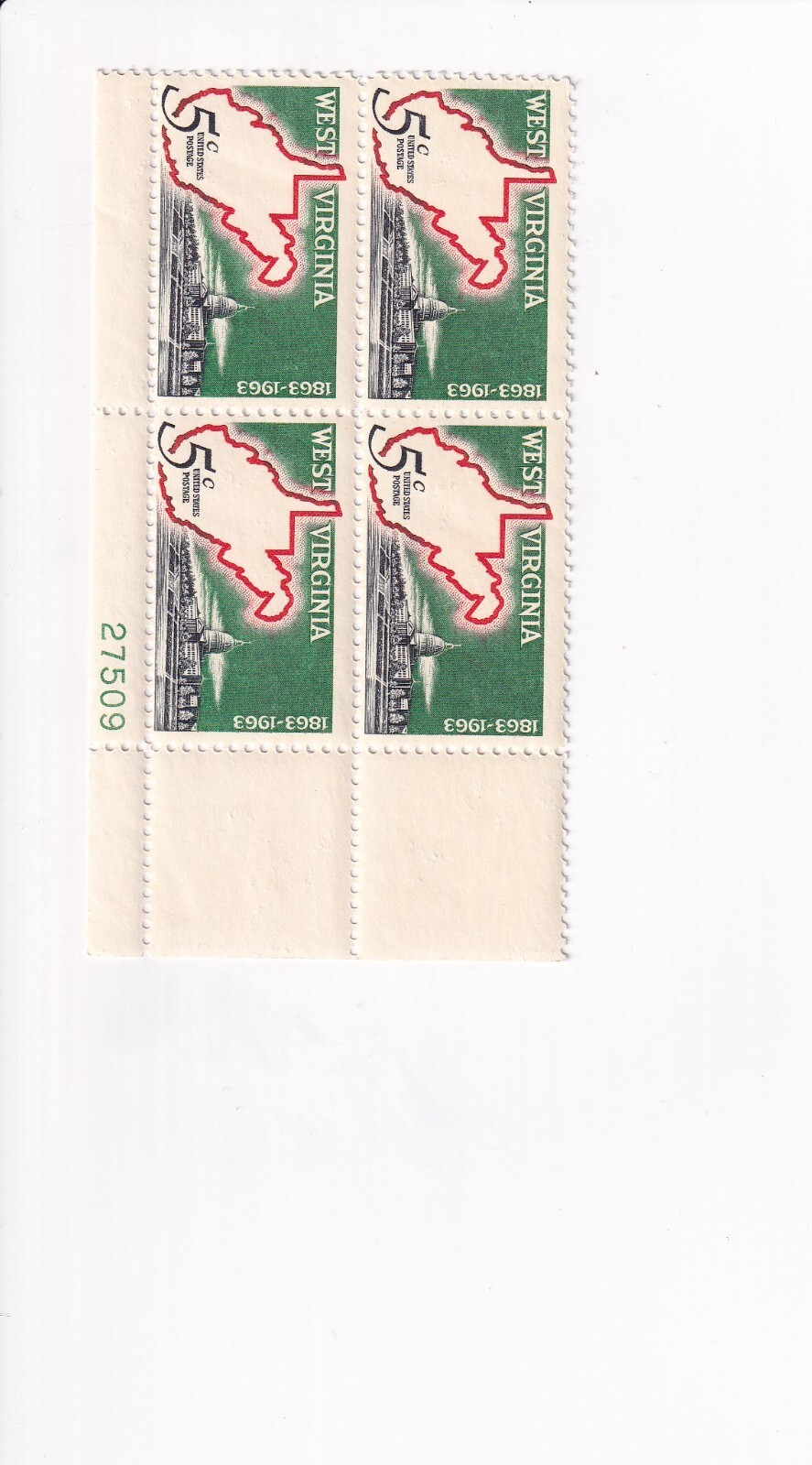 US Postage Stamp 5 CENT 5c PLATE BLOCK WEST VIRGINIA STATEHOOD