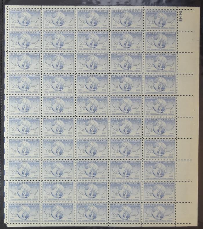 US SCOTT C43 PANE OF 50 UNIVERSAL POSTAL UNION AIRMAIL STAMPS 15 CENT FACE MNH