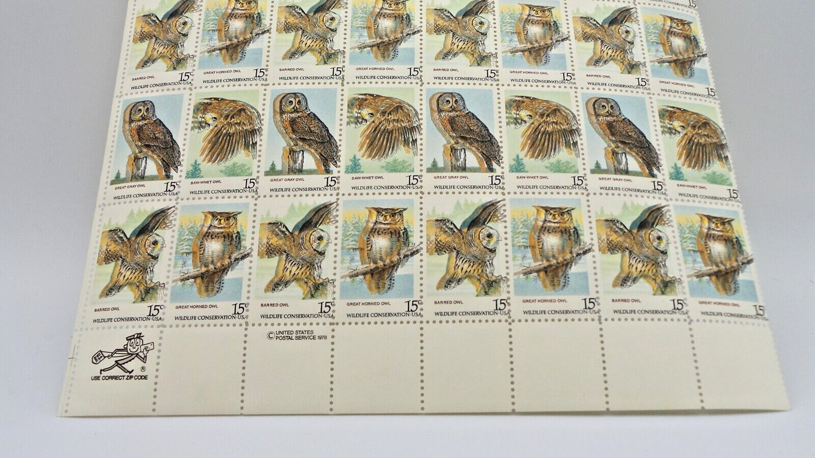1978 Rare, Error Owl Wildlife Conservation 40 15c Stamps- Z06