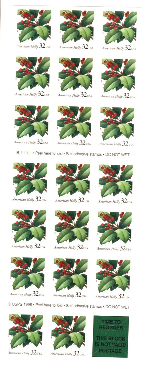 United States 32¢ American Holly Postage Stamp #3177 Booklet Pane of 20