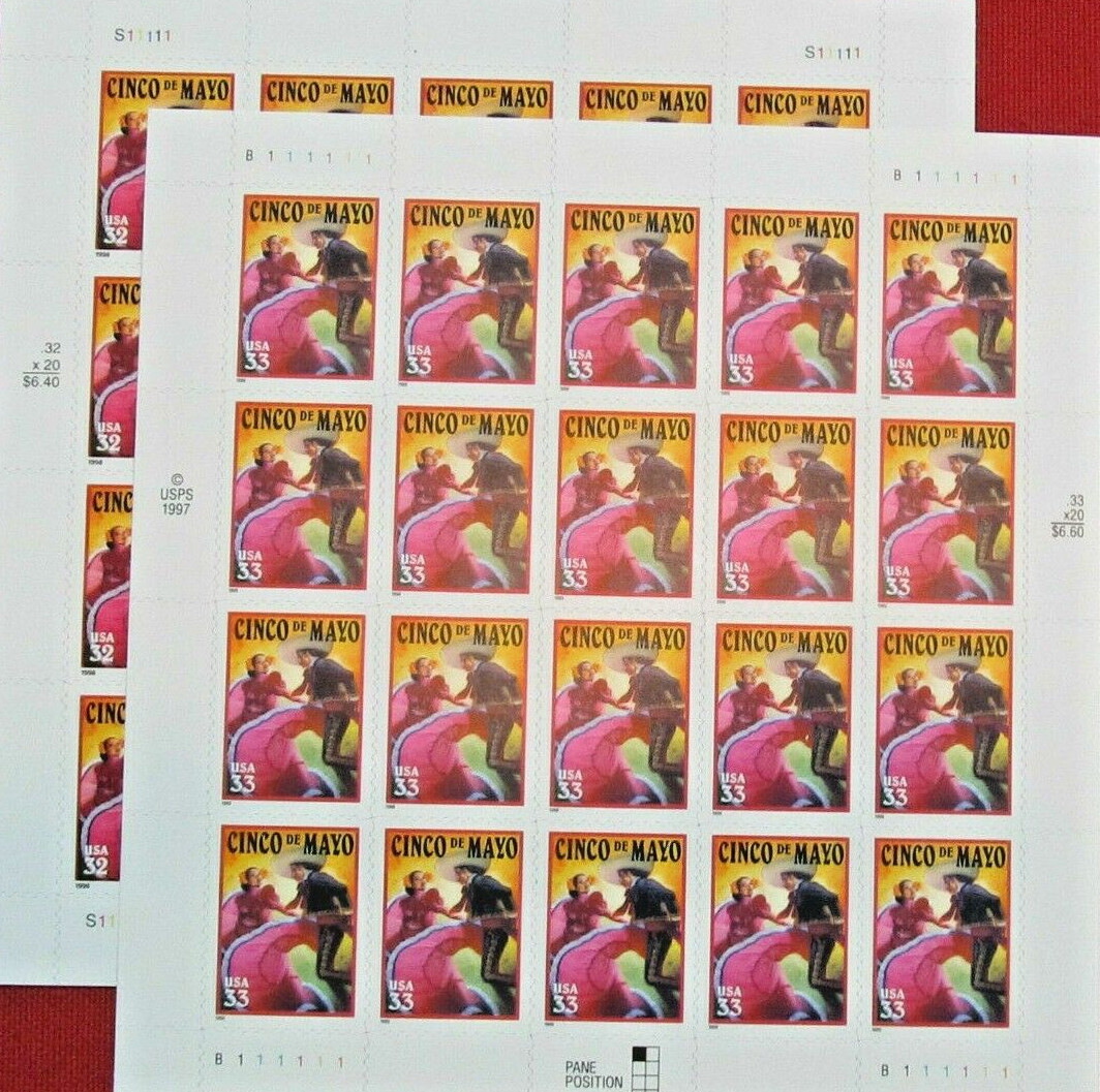 Three Sheets /Panes x 20 = 60 of CINCO DE MAYO 33¢ US Postage Stamps USA Sc 3309