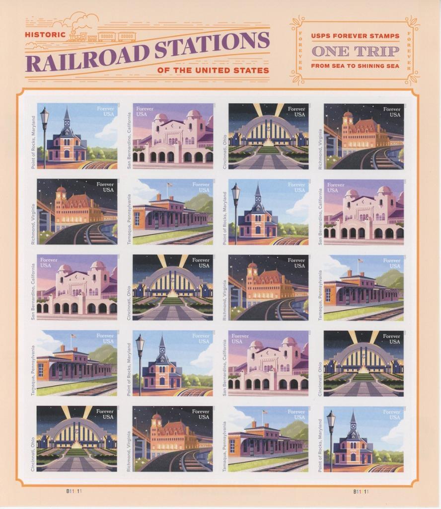 US SCOTT 5758 – 5762 SHEET OF 20 RAILROAD STATIONS STAMPS FOREVER MNH (LIVE)