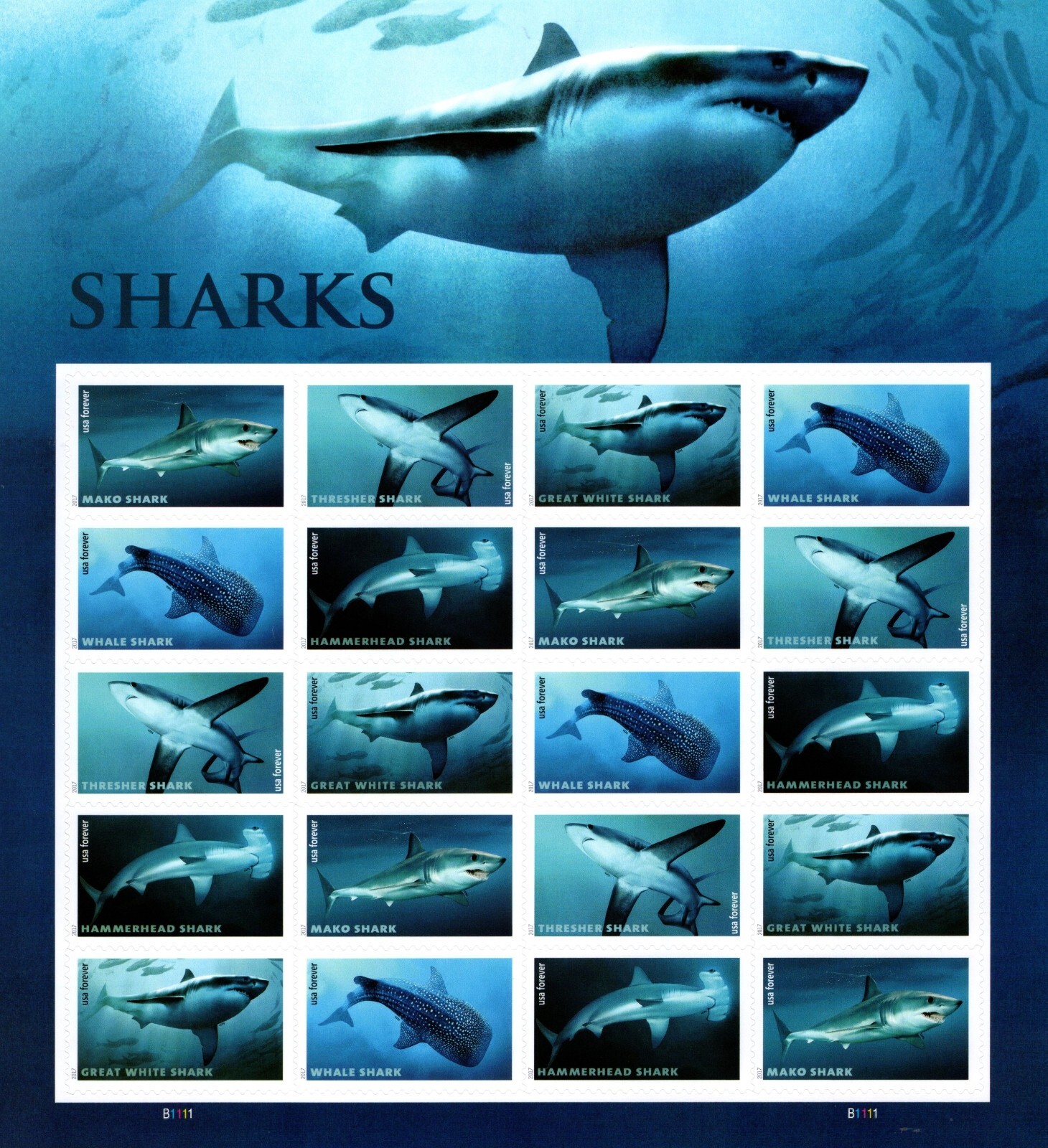 USA 2017 SHARKS 20 STAMP SHEET SC 5223- 5227 MNH