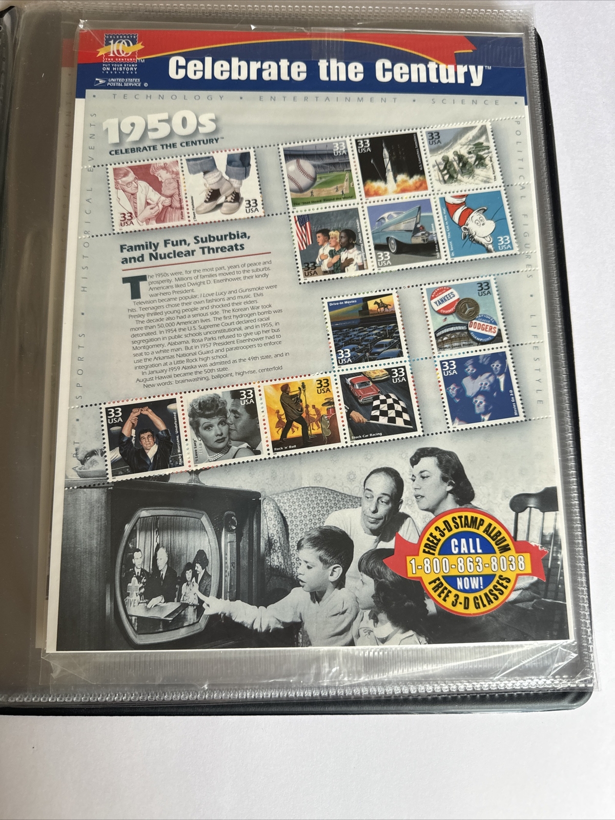 Celebrate the Century USPS Stamps 1900s-1990s In Binder USPS 10 Page Set