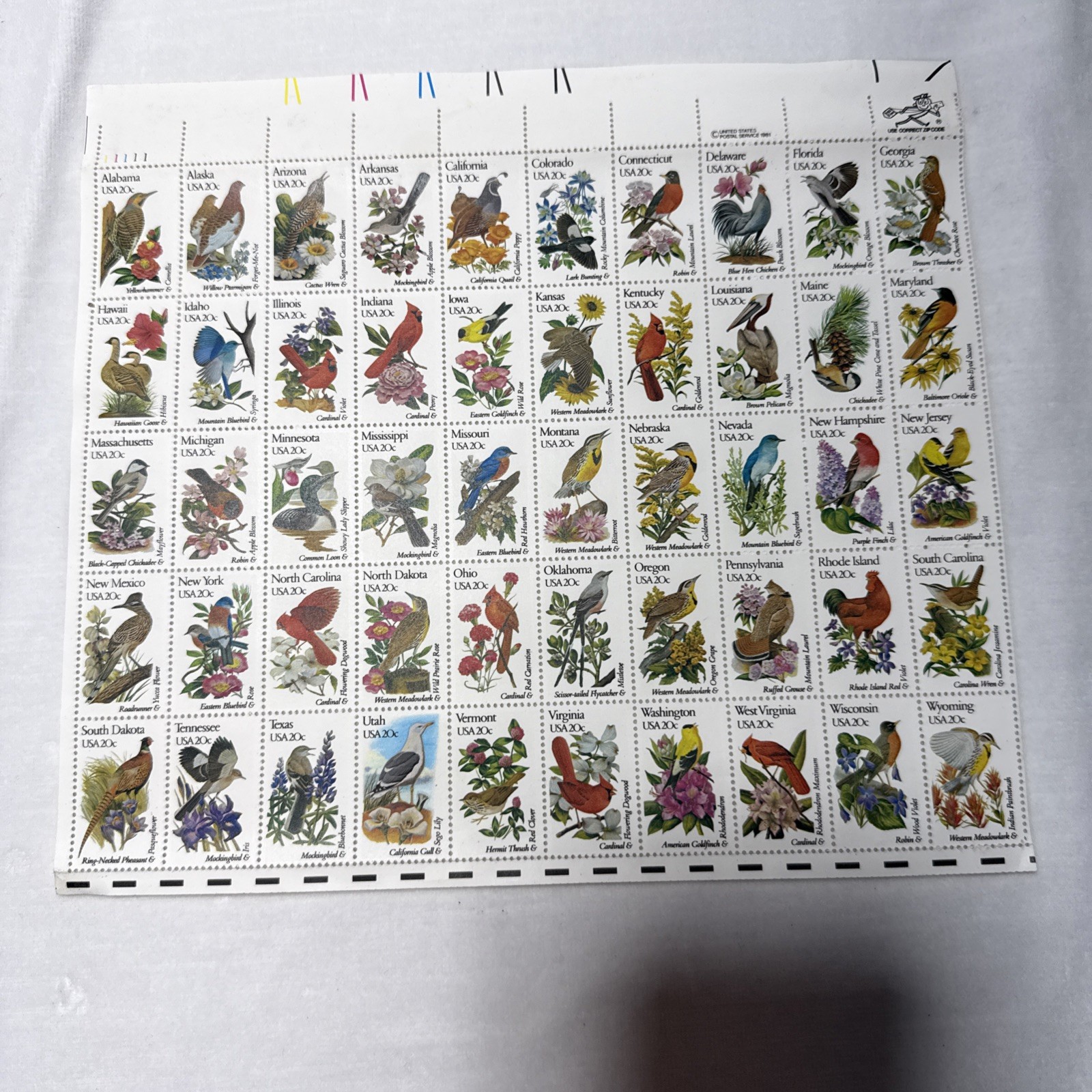 1981 USPS 50 States Birds and Flowers, 20c Commemerative Stamps
