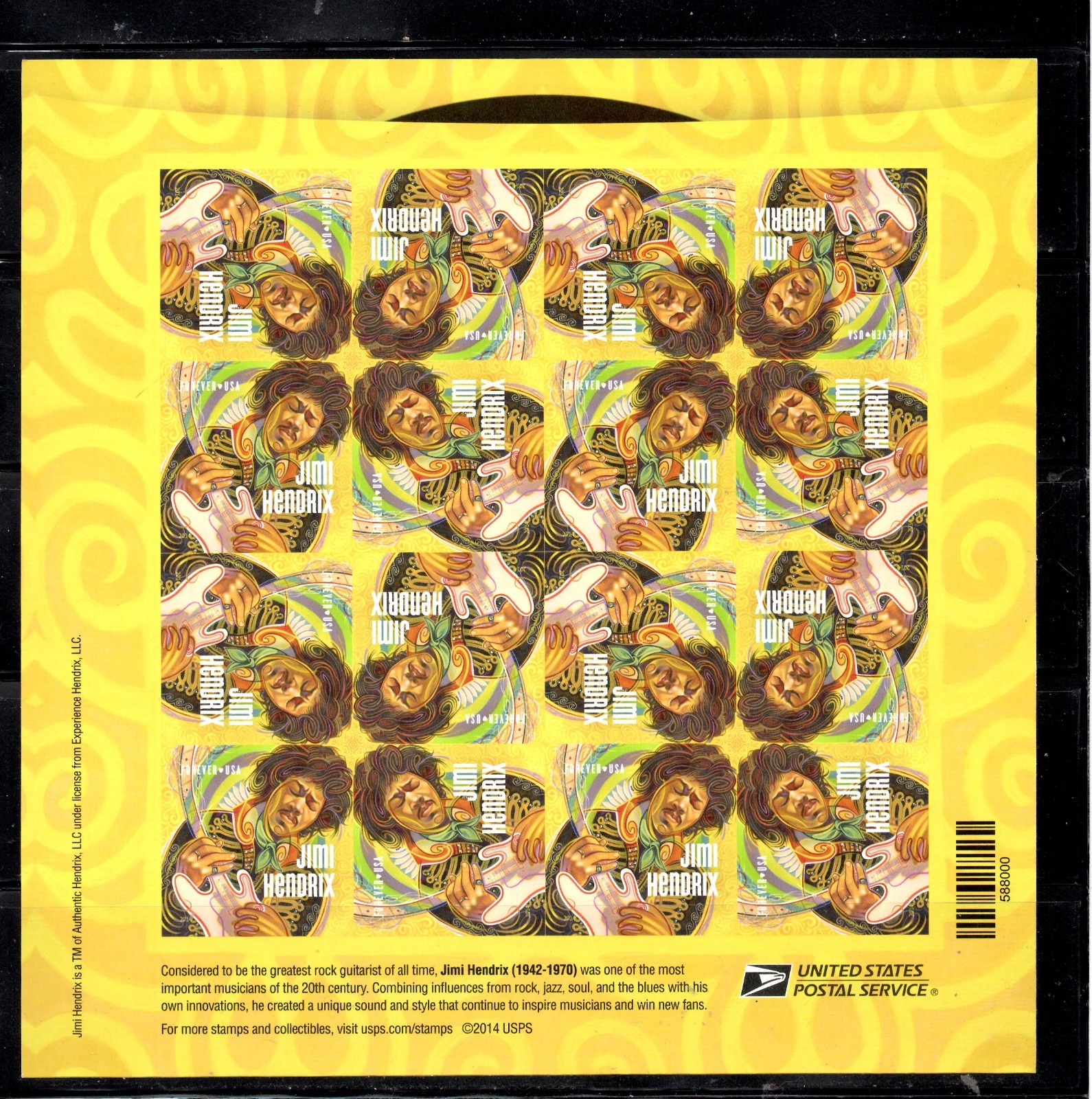 U S Scott 4880 Jimi Hendrix Imperforate -No Die Cuts- Pane of 20 MNH.