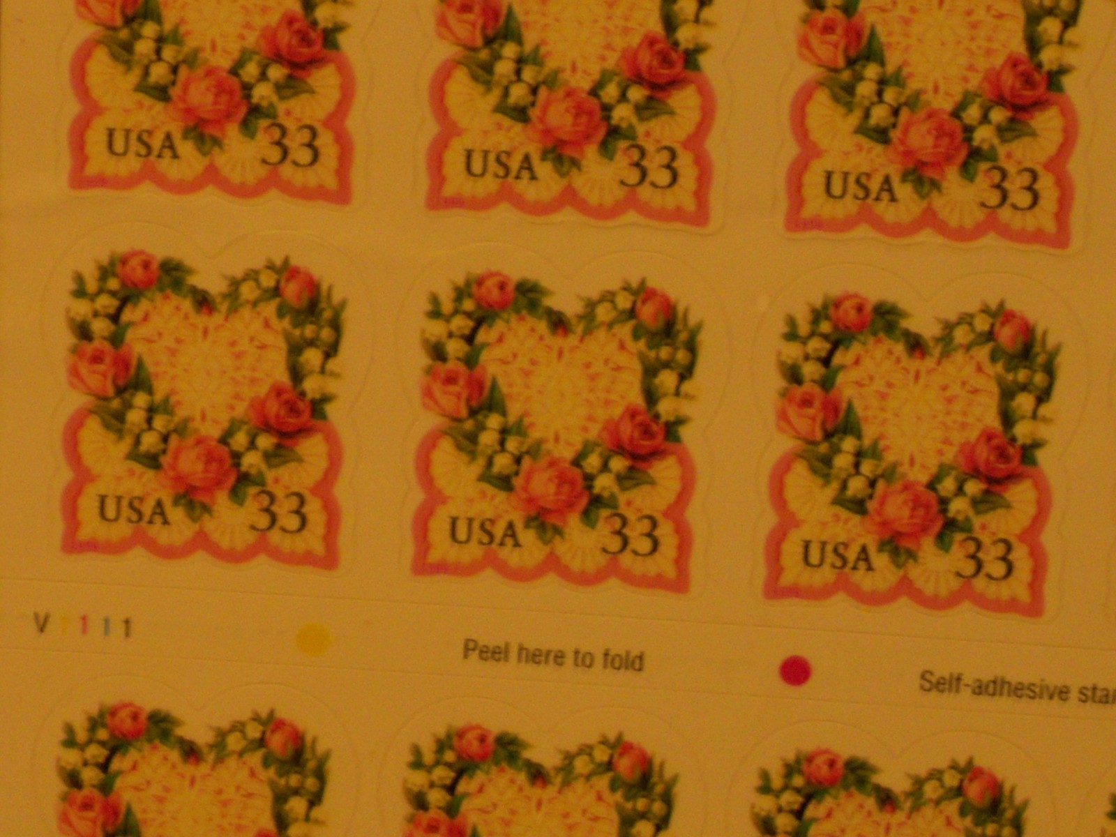 USPS Love 33¢ Self-Adhesive Stamp Sheet of 20 MNH Pink Green Yellow