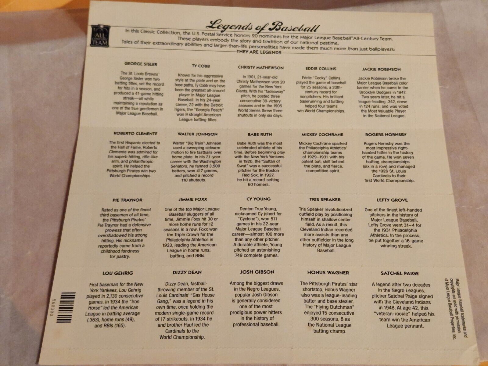 US Stamp Scott #3408 Pane of 20 Legends of Baseball Sheet 33 Cents face MNH