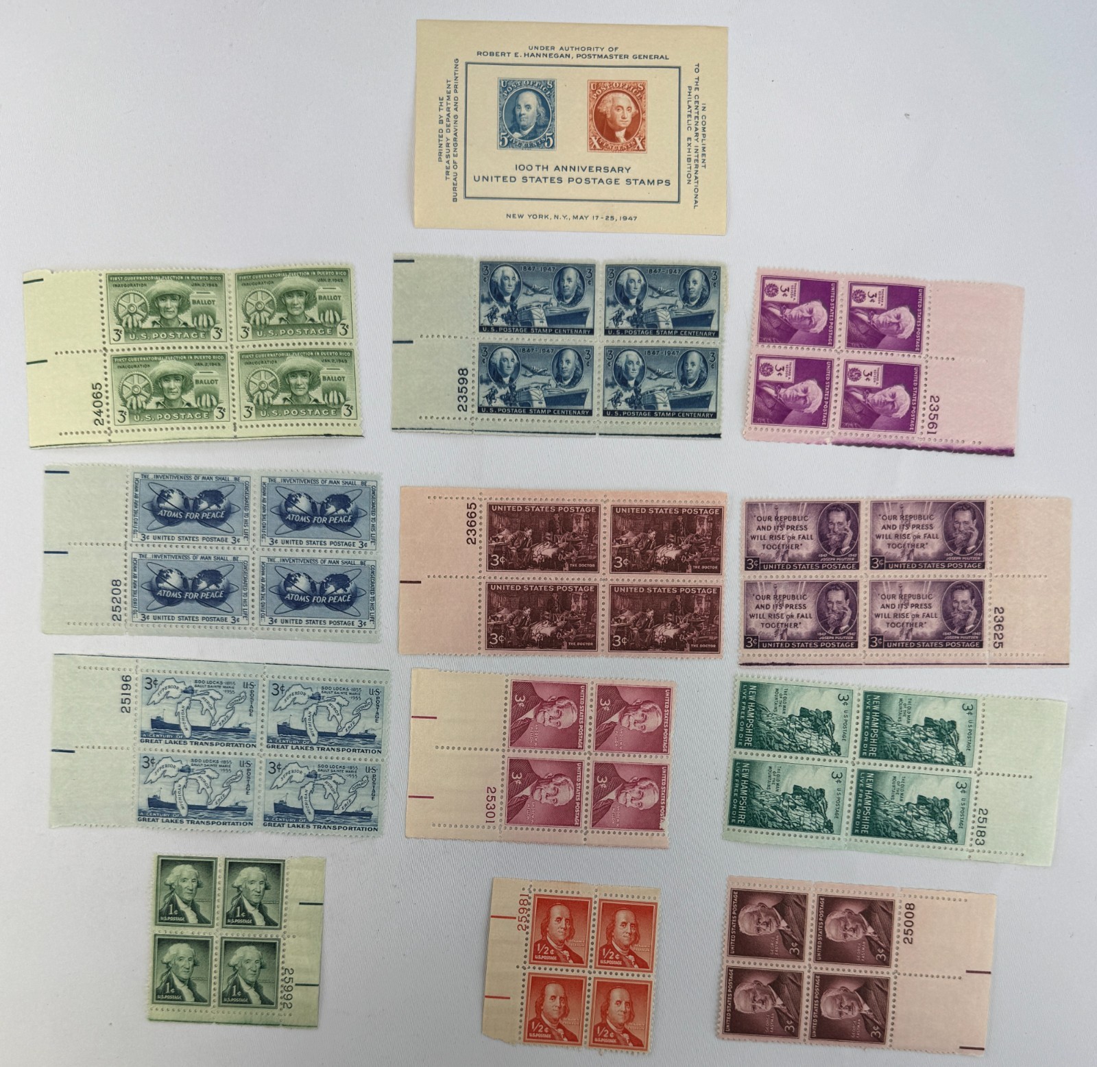 Vintage Mint US Plate Blocks and 1947 CIPEX Souvenir Sheet Presidents Americana