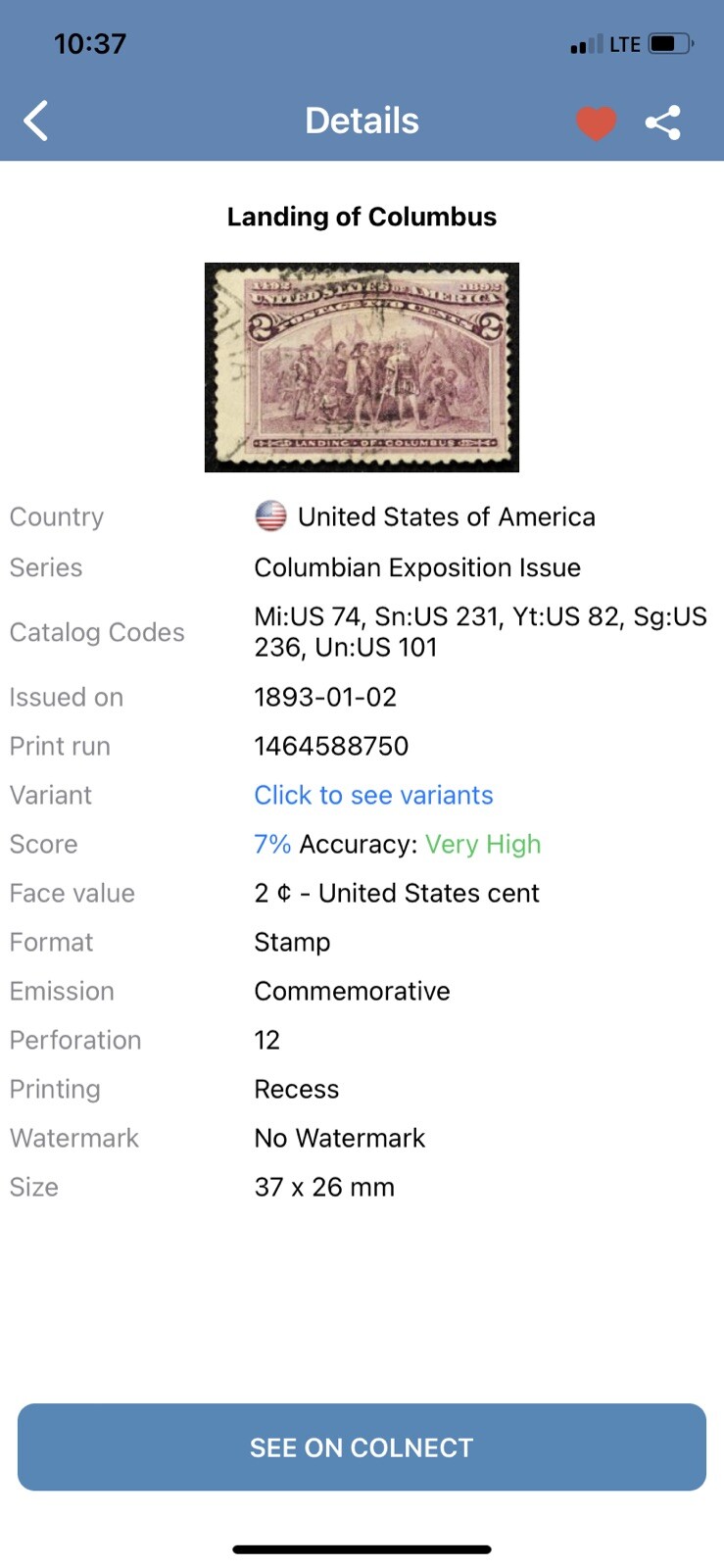 1893 2 Cent Landing of Columbus US Stamp Purple Commemorative Expo Issue.
