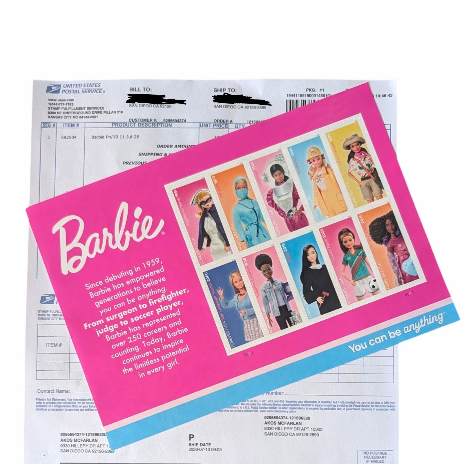 US Barbie Forever Stamps Sheet of 10